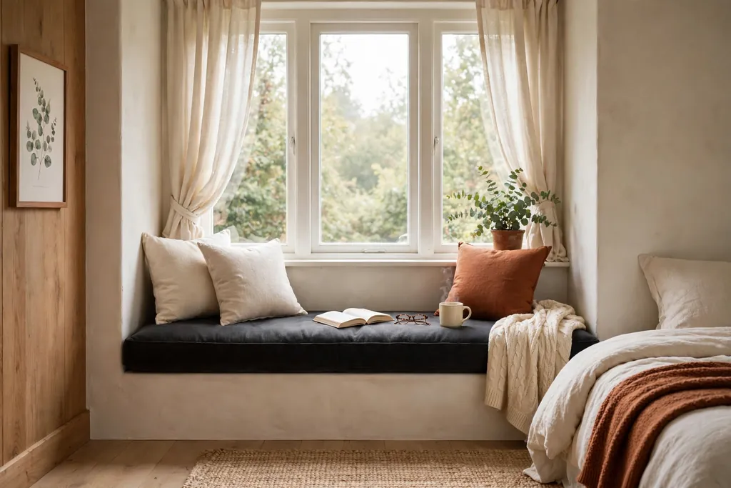 Bedroom window seat with a thick dark cushion and plain cream and rust cushions.