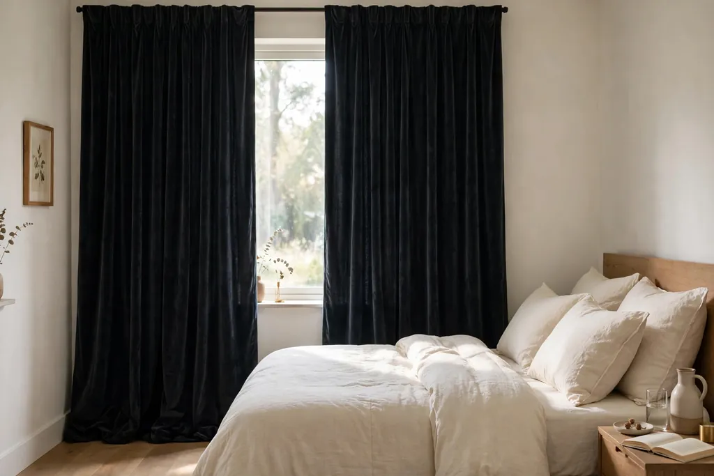Bedroom window with floor-length dark velvet curtains beside a bed.