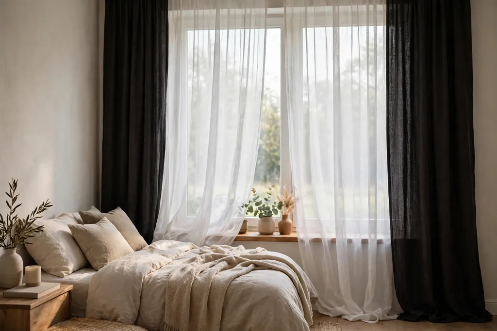 Bedroom window layered with sheer white panels and dark outer curtains.