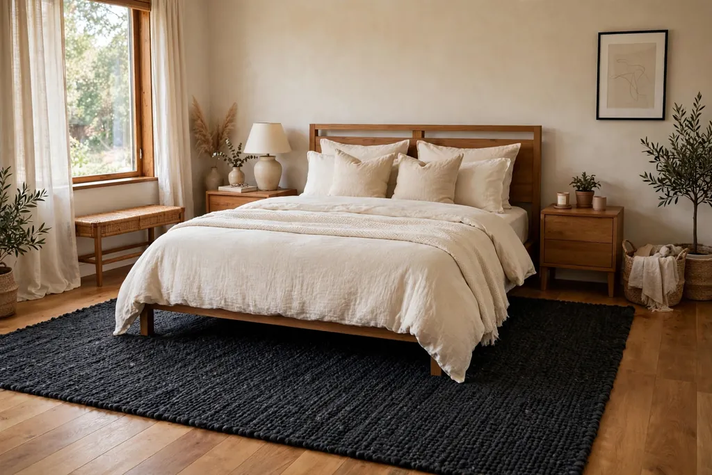 Bedroom with a large dark textured rug under a bed with cream bedding.