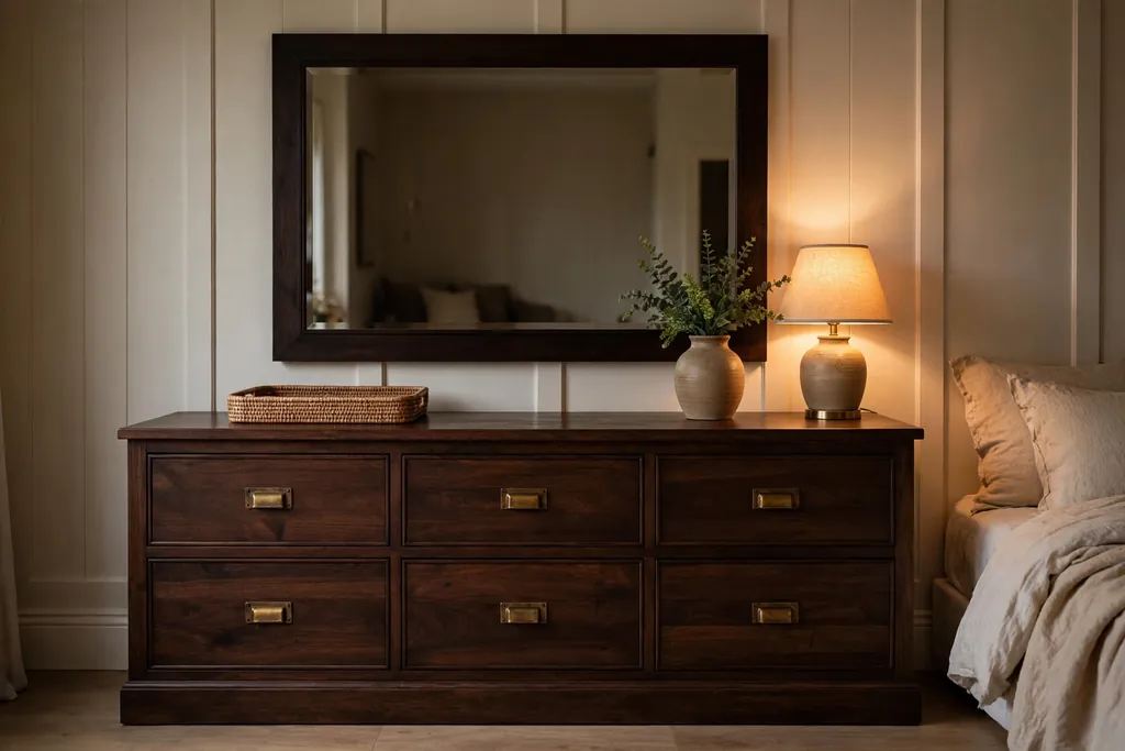 Bedroom with a dark wood dresser, large mirror above it, and a small plant.
