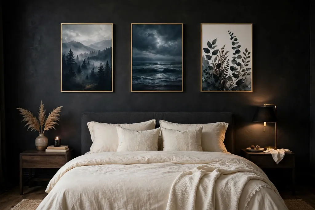 Bedroom wall with moody art prints in slim gold frames above a bed.