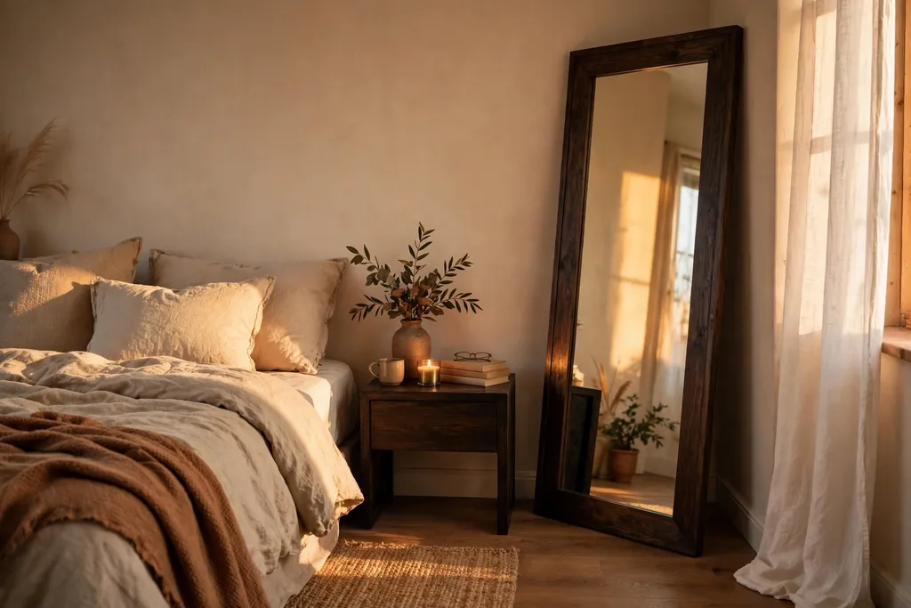 Bedroom corner with a tall leaning mirror in a dark wood frame beside a bed.