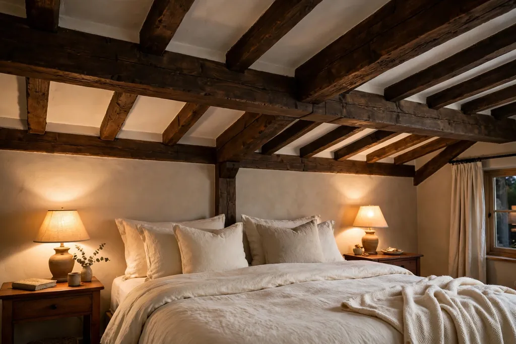Bedroom ceiling with dark wood beams above a bed with cream bedding.