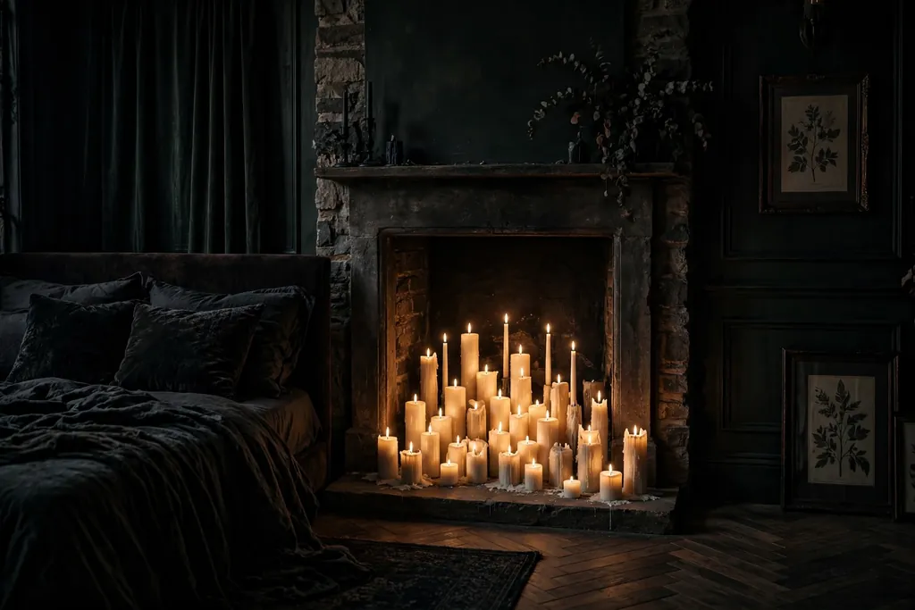 Bedroom fireplace opening filled with grouped candles of varied heights.
