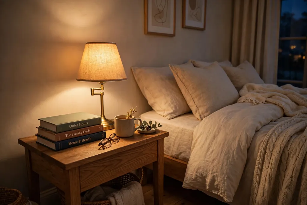 Bedroom nightstand with a small stack of books and a warm reading lamp beside a bed.