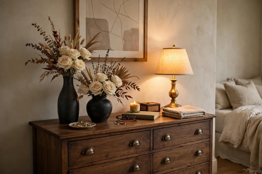 Bedroom dresser with dark vases holding cream roses and dried stems.