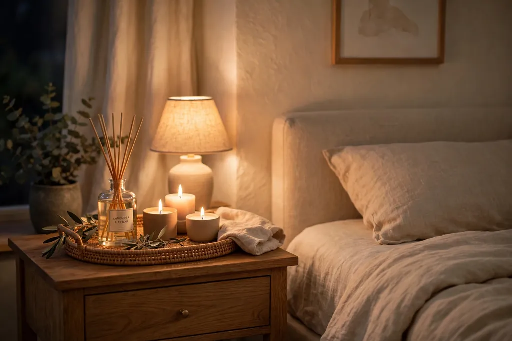 Bedroom nightstand with a tray holding a diffuser and candles beside a bed.