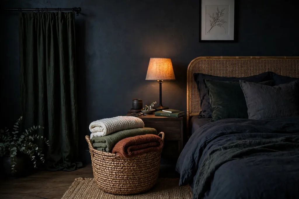 Bedroom corner with a woven basket holding folded throws beside a bed.