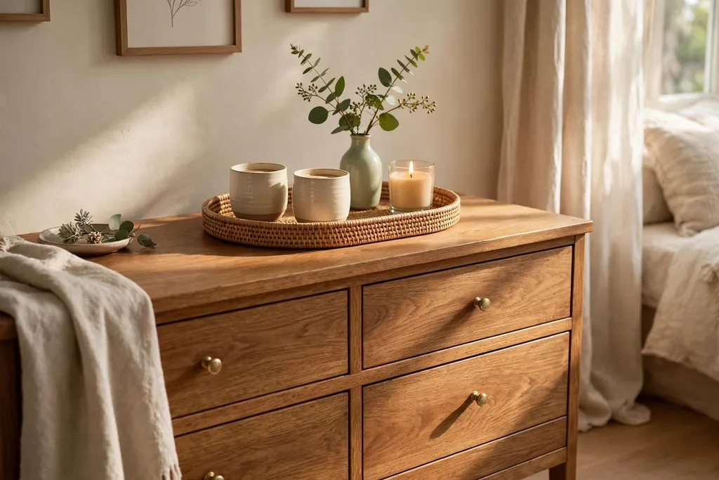 Bedroom dresser with a tray holding two cups, a small vase, and a candle.