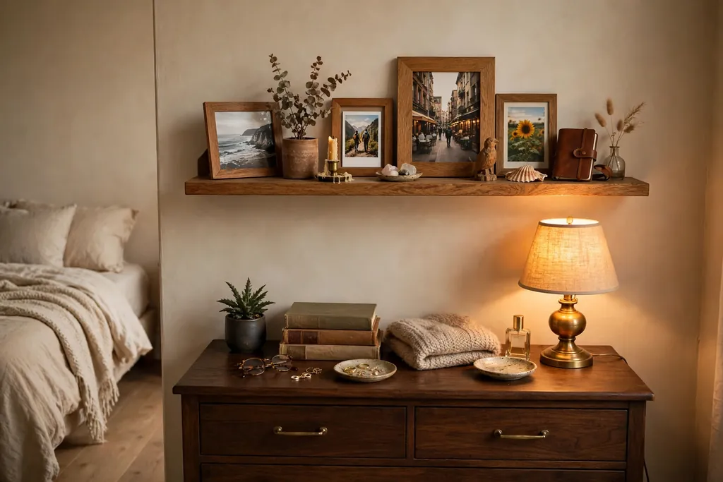 Bedroom wall shelf above a dresser displaying framed photos and small mementos.