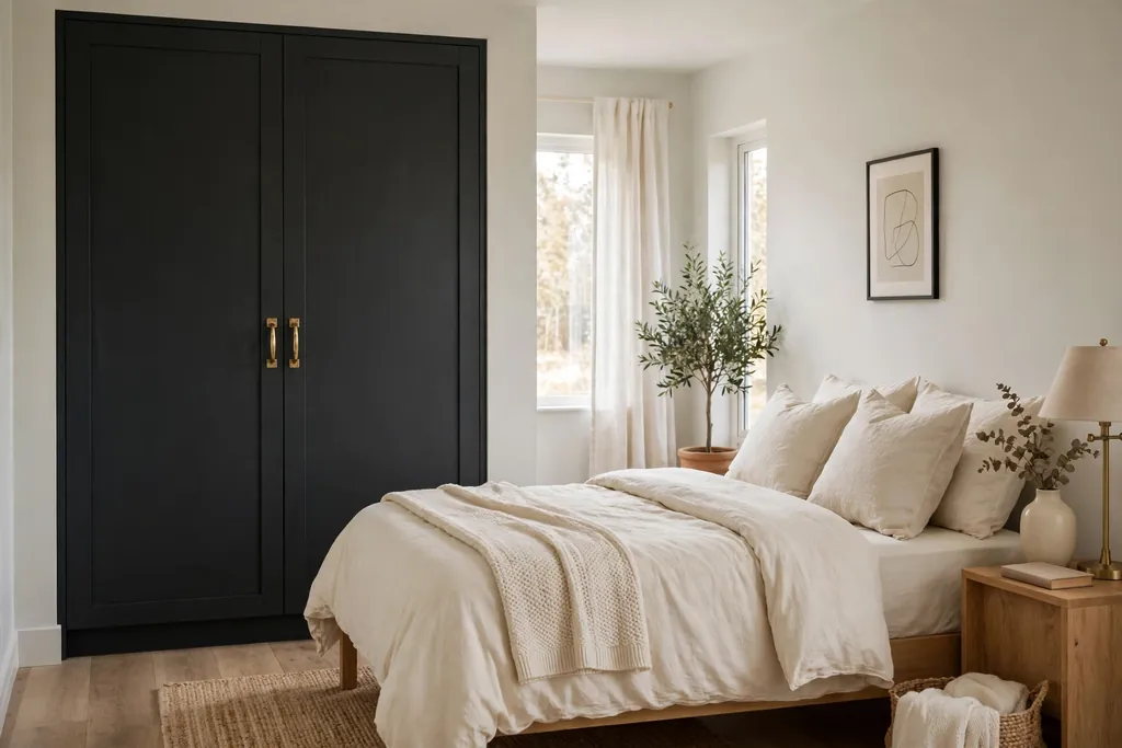 Bedroom with wardrobe doors painted deep charcoal with brass handles.
