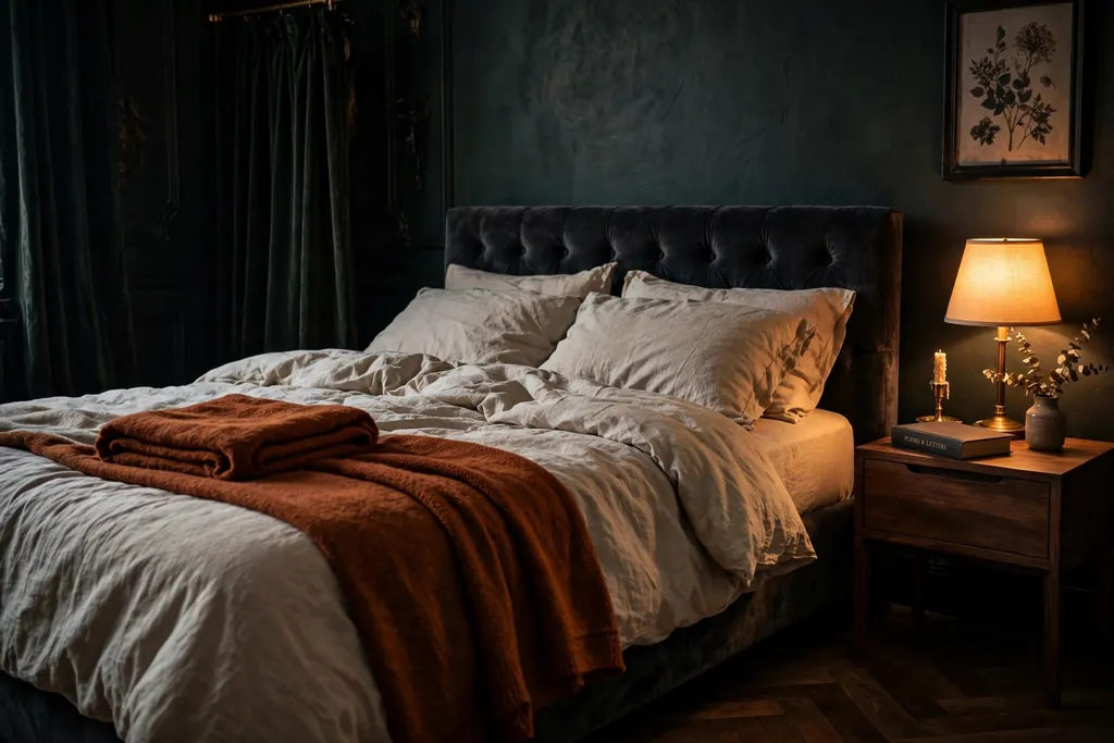 Bed made with a soft, slightly undone finish, a folded throw, and a book on the nightstand.