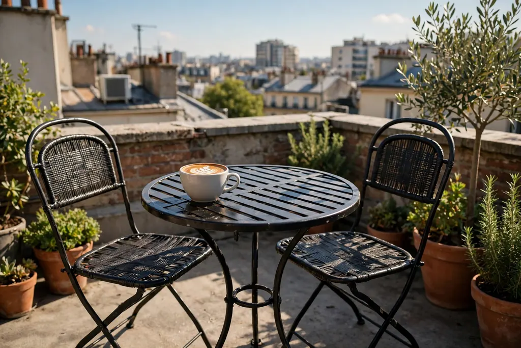 Small bistro table and two chairs with a coffee cup on a sunny rooftop.