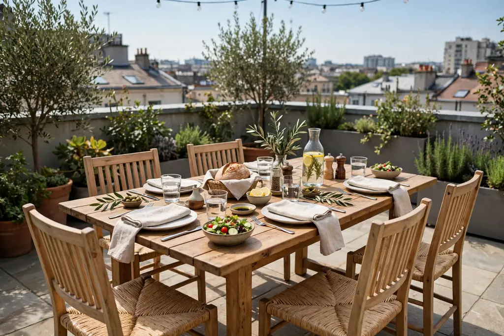 Rooftop dining table with four chairs set for a meal outdoors.