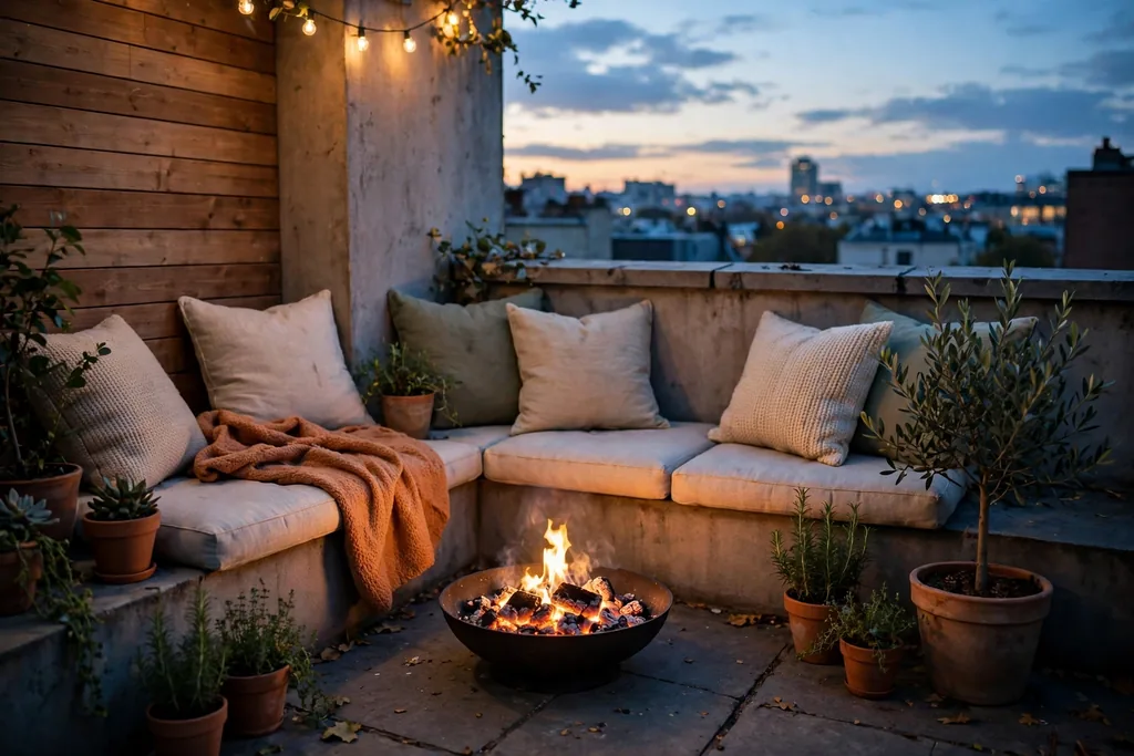 Small fire bowl glowing in a rooftop seating corner at dusk.