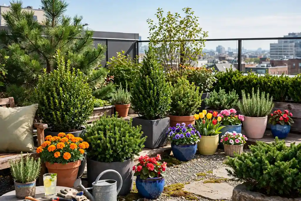 Rooftop garden with evergreen shrubs and seasonal pots in color.