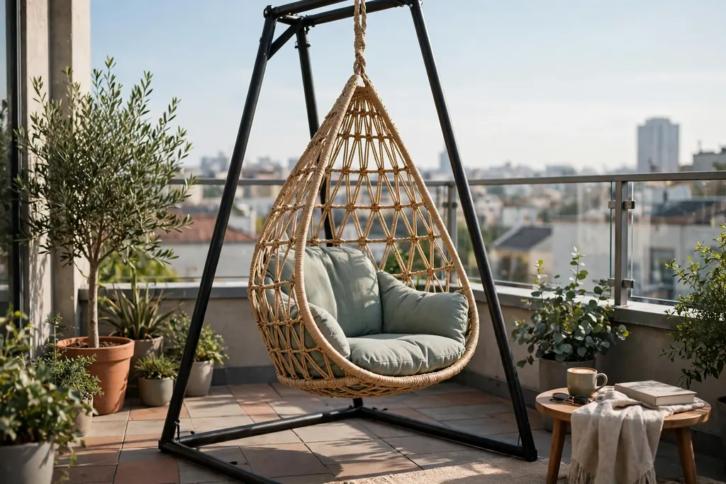Hanging chair on a freestanding frame with a cushion on a rooftop terrace.
