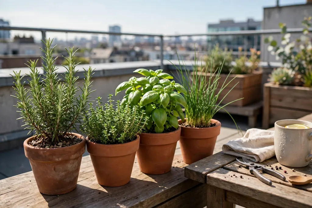 Herb pots with rosemary, thyme, basil, and chives grouped near a rooftop table.
