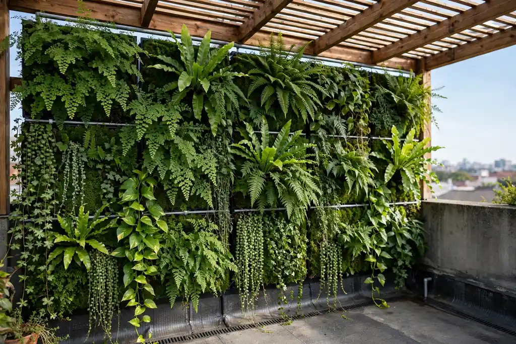 Living wall panels with ferns and trailing plants on a sheltered rooftop wall.
