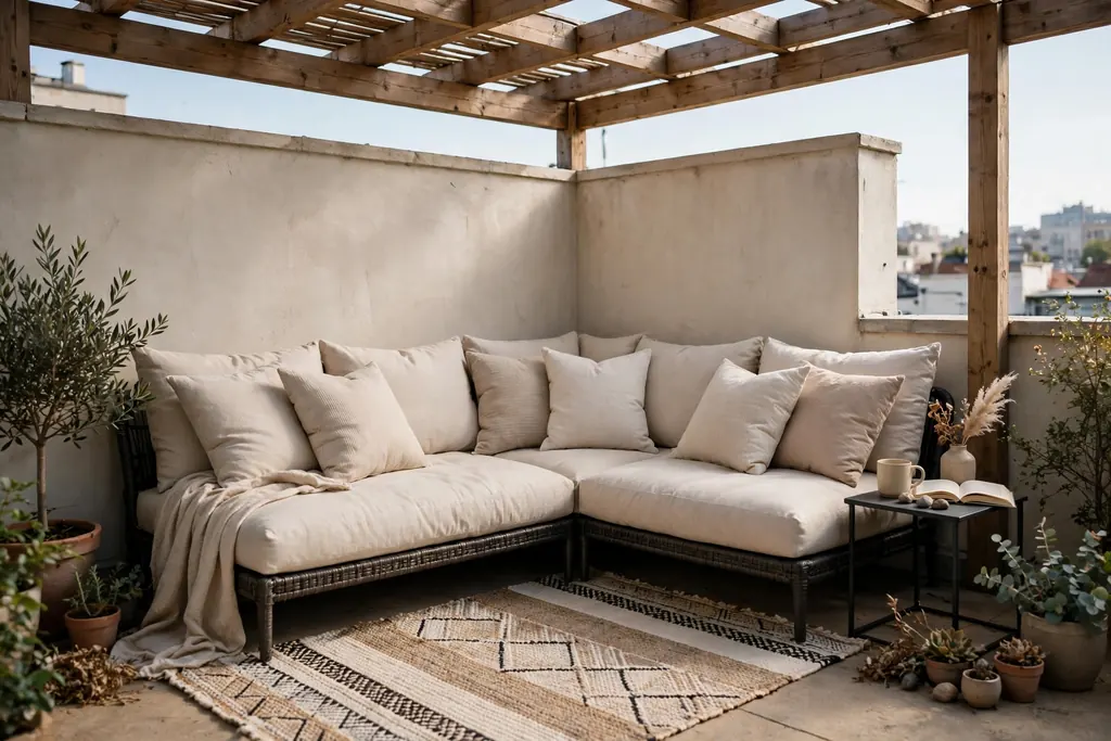 Low outdoor sofa with soft cushions and a rug in a sheltered rooftop corner.