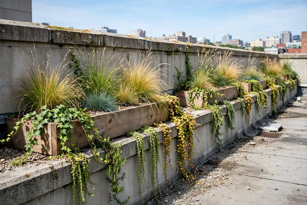 Low raised beds along a rooftop parapet wall with grasses and trailing plants.