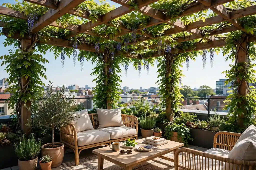 Rooftop pergola with climbing plants over a seating area in daylight.