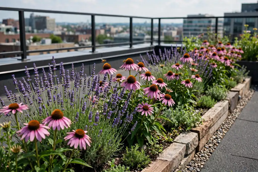 Pollinator flower border with coneflowers, lavender, and bees on a rooftop.