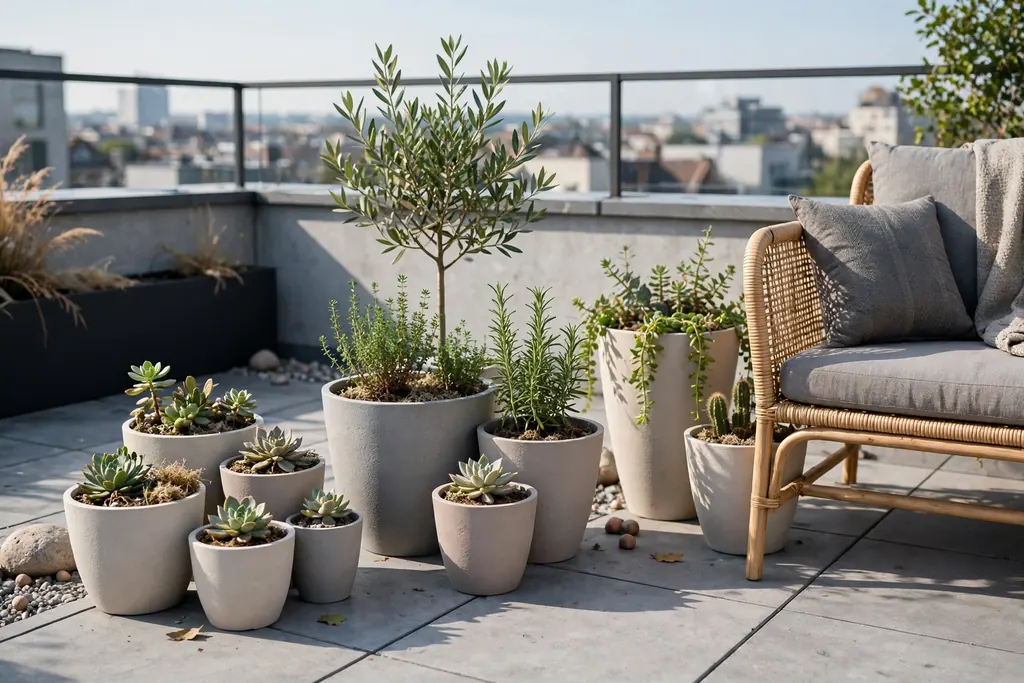 Clusters of lightweight pots in different sizes on a rooftop terrace near a seat.