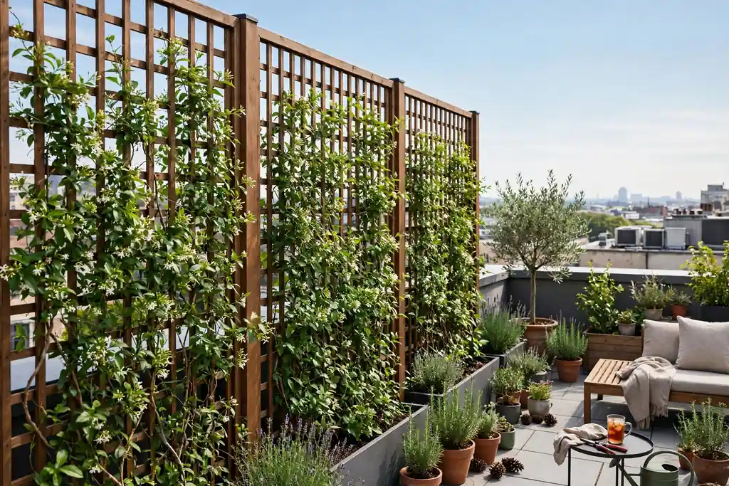 Trellis privacy screens with climbers along one side of a rooftop garden.