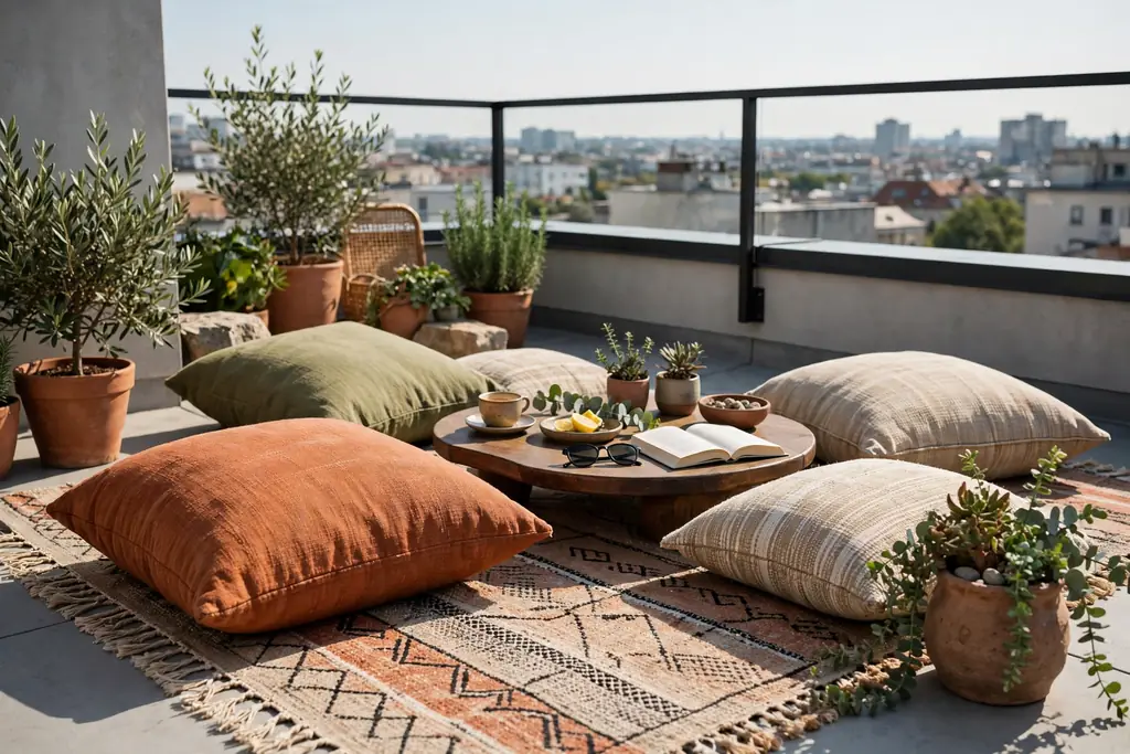 Outdoor rug with floor cushions and a low table on a rooftop terrace.