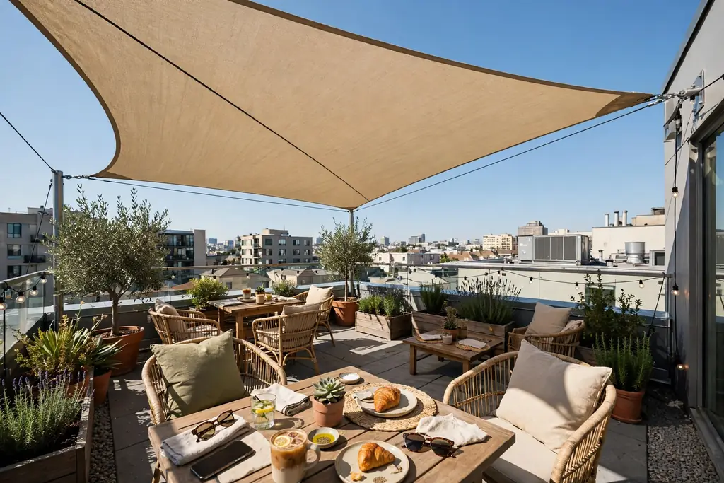Shade sail stretched over a rooftop seating zone on a sunny day.