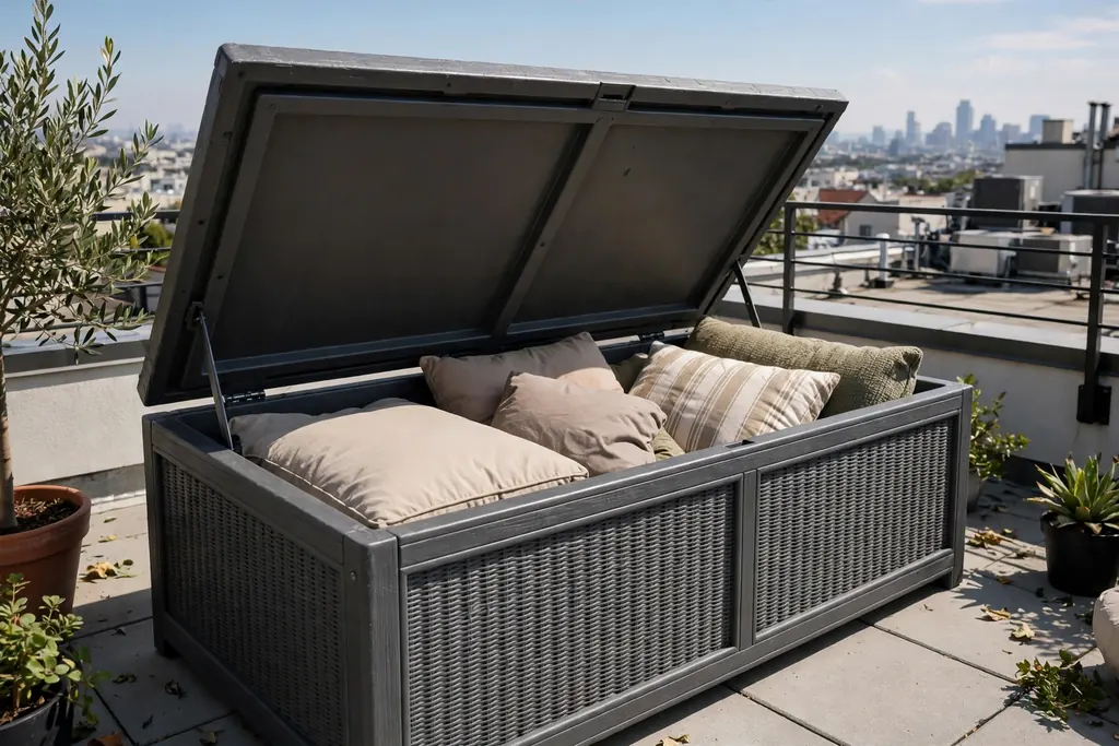 Weatherproof storage bench with its lid open showing cushions on a rooftop.
