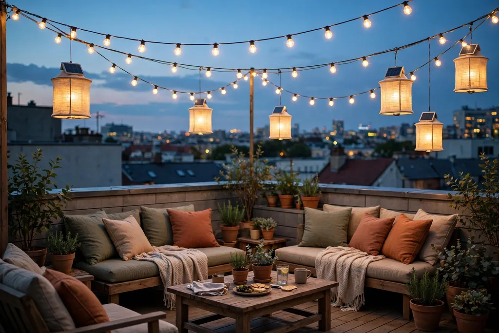Warm string lights and solar lanterns over a rooftop seating area at dusk.