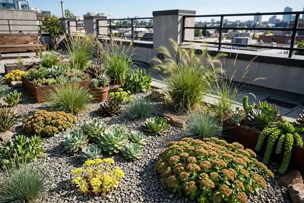 Gravel garden with succulents, sedums, and ornamental grasses on a rooftop.