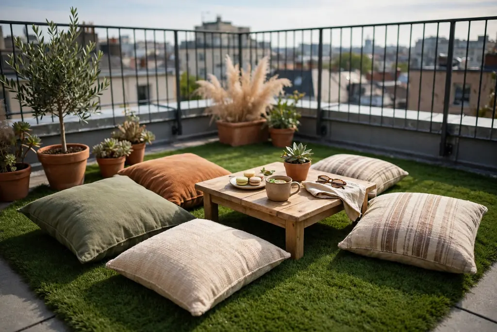 Soft turf patch with floor cushions and a low table on a rooftop.