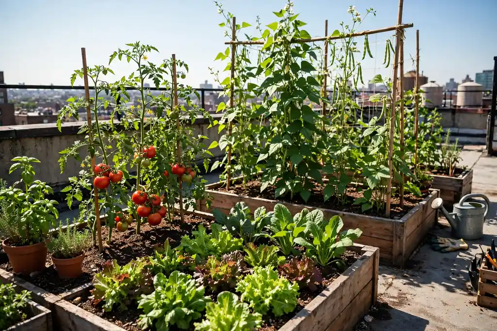 Rooftop vegetable beds with tomatoes, beans, and salad leaves in sun.