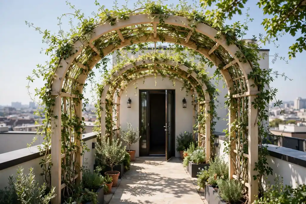 Light vine arch with climbing plants over a rooftop entry path.
