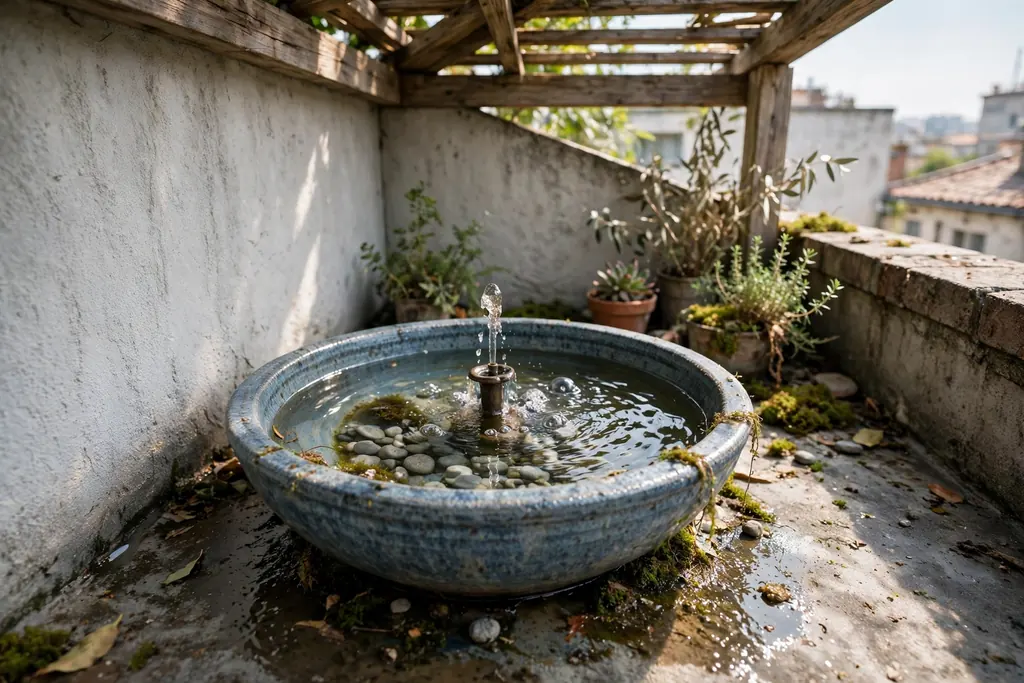 Shallow water bowl with a small fountain in a sheltered rooftop corner.