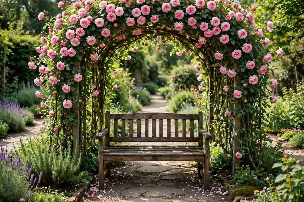 Wooden garden bench under a rose covered arch on a walk.