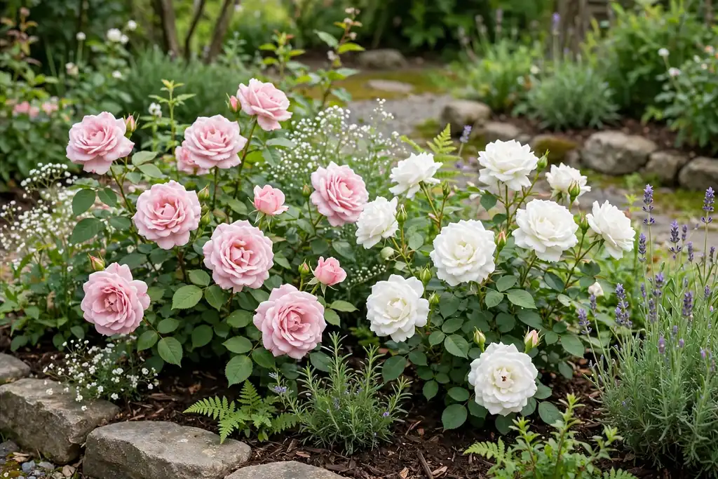 Blush pink and white roses flowering together in a calm garden bed.
