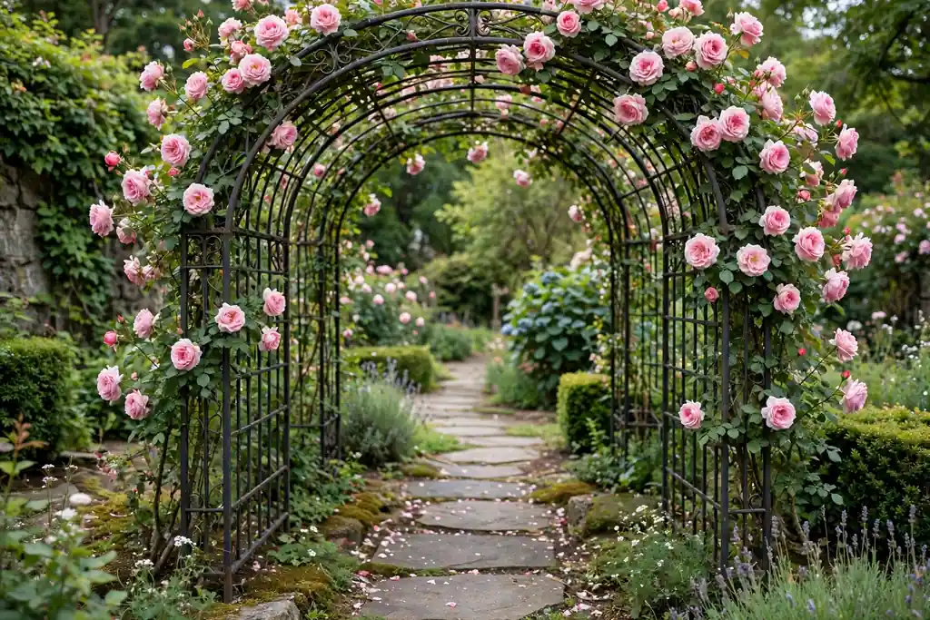 Climbing roses in bloom over a metal garden arch above a path.