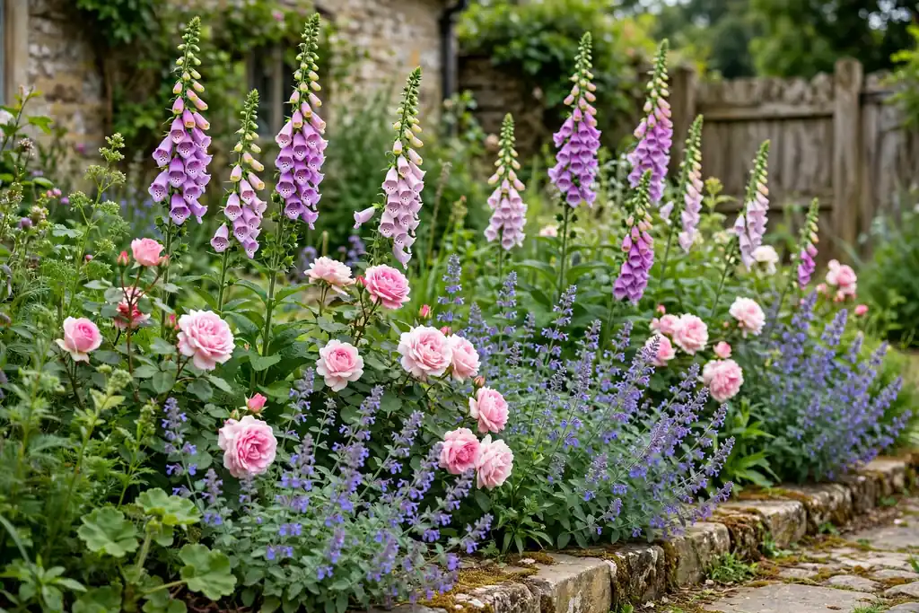 Cottage garden border with roses mixed with catmint and foxgloves.