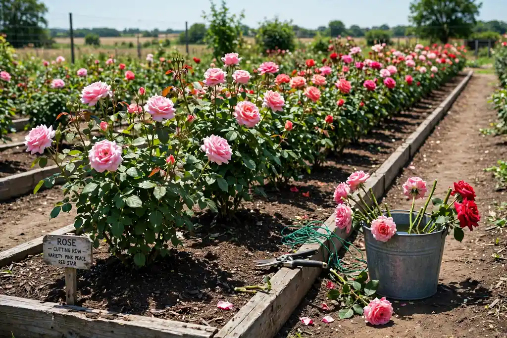 Straight row of roses grown for cutting in a sunny garden bed.