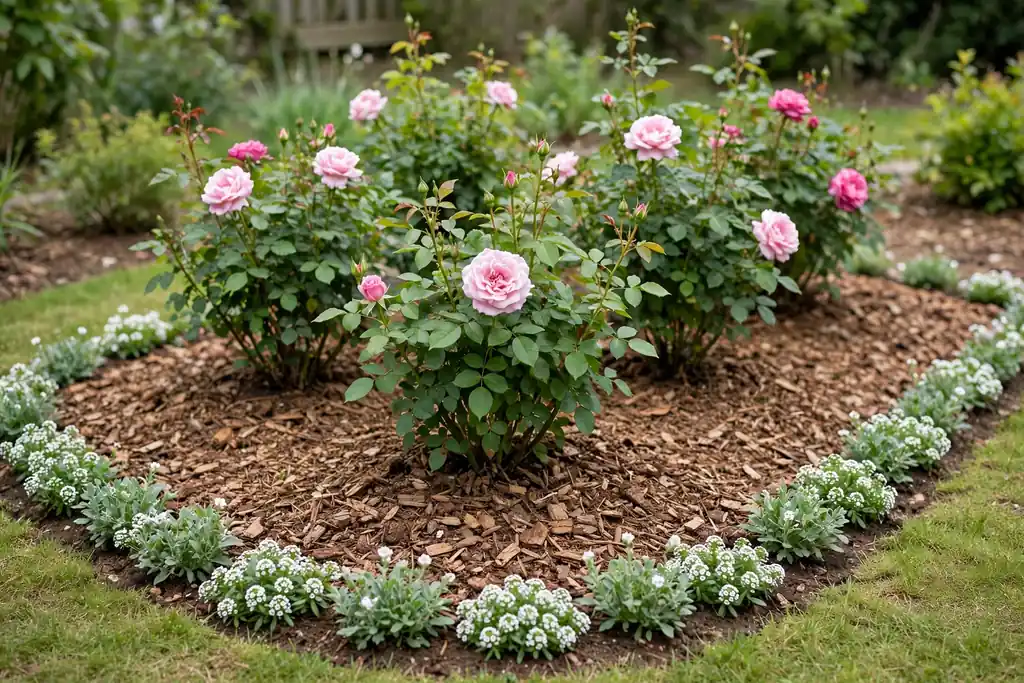 Simple shrub rose bed with mulch and low edging plants.