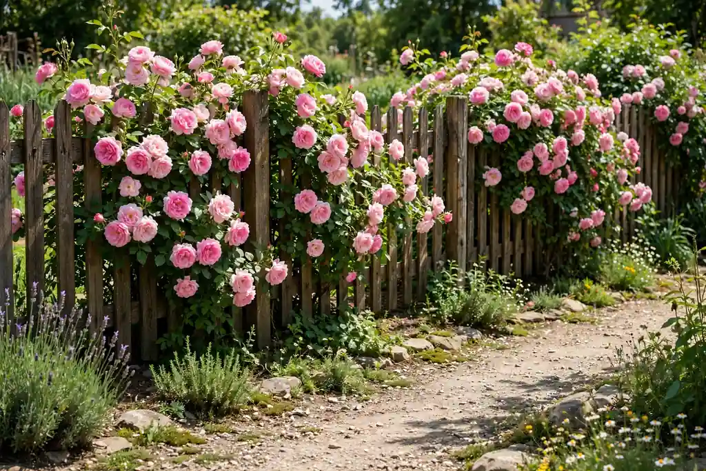 Shrub roses blooming along a sunny garden fence with a path in front.