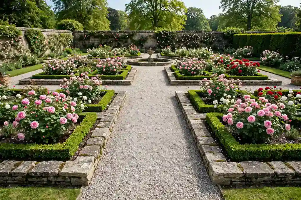 Formal rose garden with gravel paths and stone edged beds.