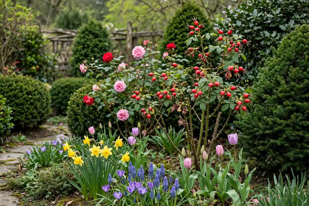 Rose garden with evergreen shrubs, spring bulbs, and red rose hips.