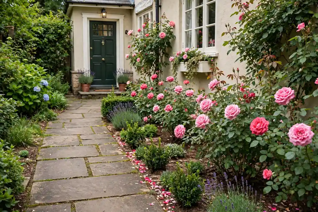 Rose bed beside a front garden path leading to a house door.