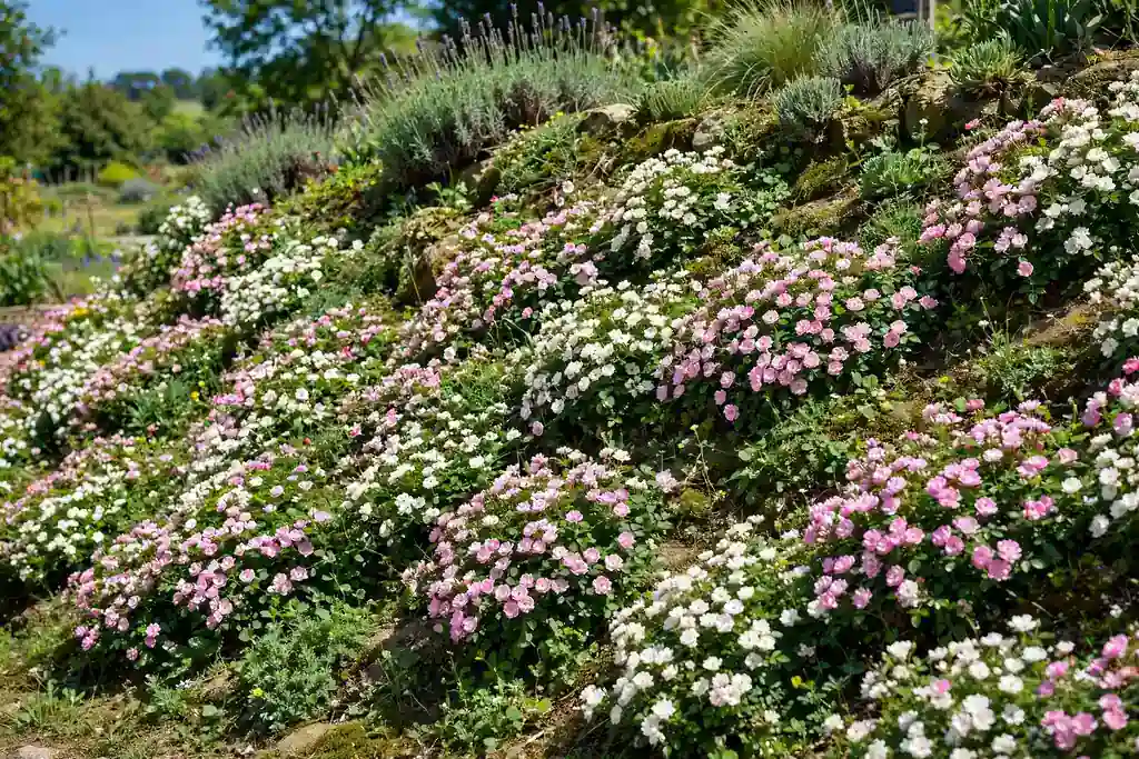 Groundcover roses flowering across a sunny garden bank.